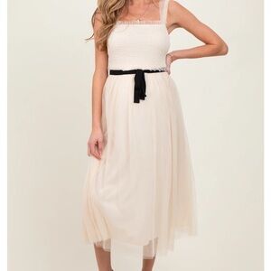 Elegant Maternity Cream Midi Dress with Black Belt